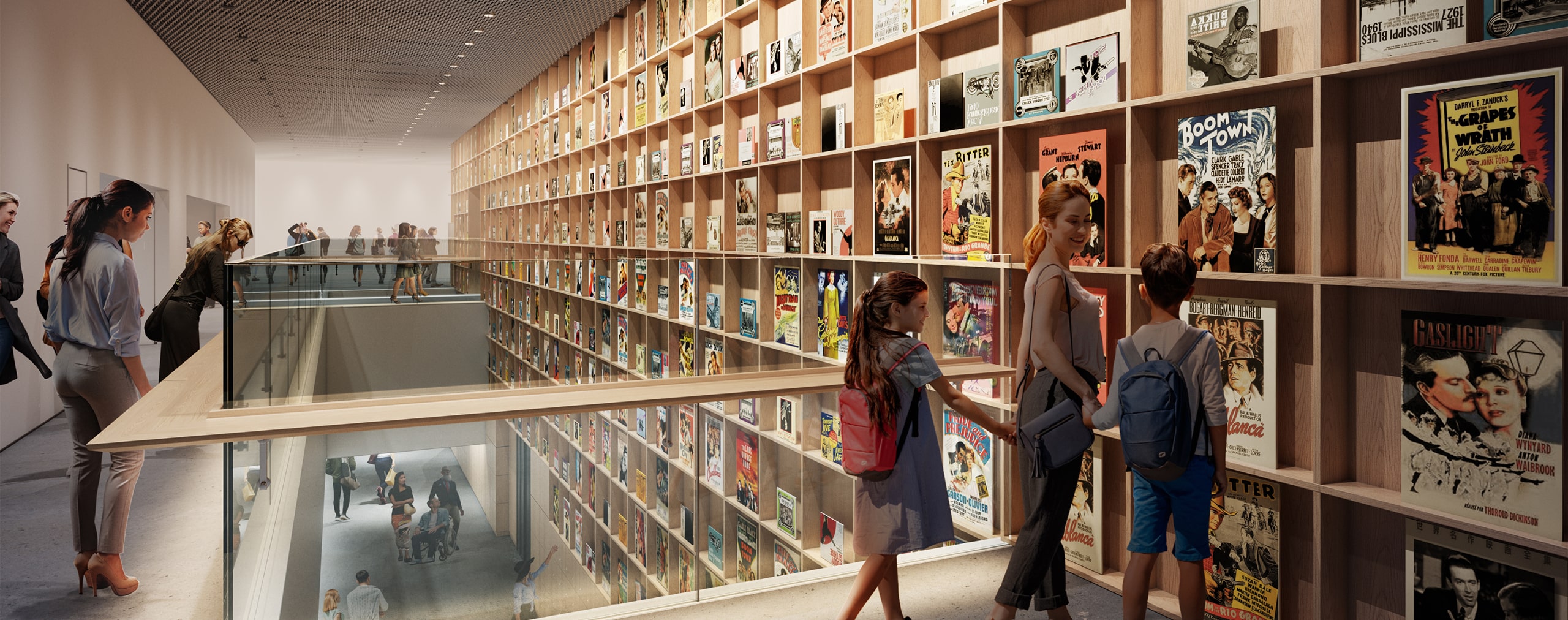 MoN Takanawaの地下にある巨大な本棚の画像です。