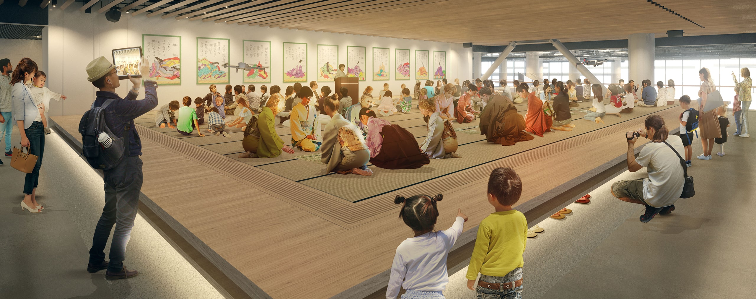 約100畳の広さを持つ畳敷きのスペースで、くつろぎと体験が融合する場。
