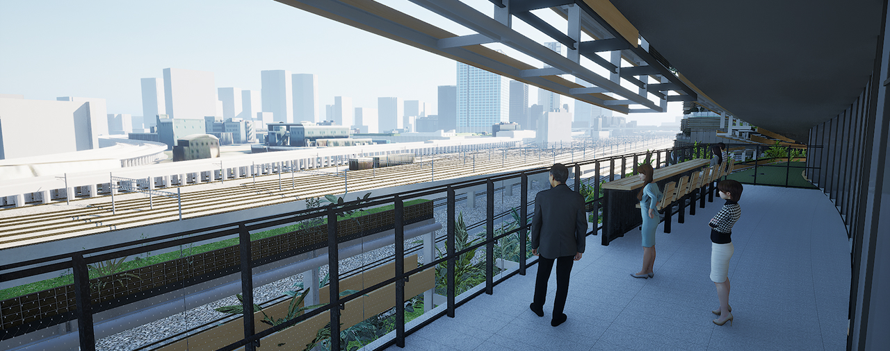 行き交う列車を眺めながら過ごせるテラスの画像です。