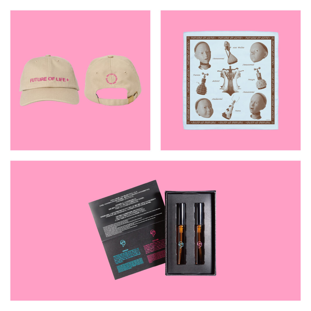 Top left: Cap: ¥5,500 (tax included) Top right: Bandana: ¥2,800 (tax included) Bottom: millenniums (perfume): ¥3,850 (tax included)